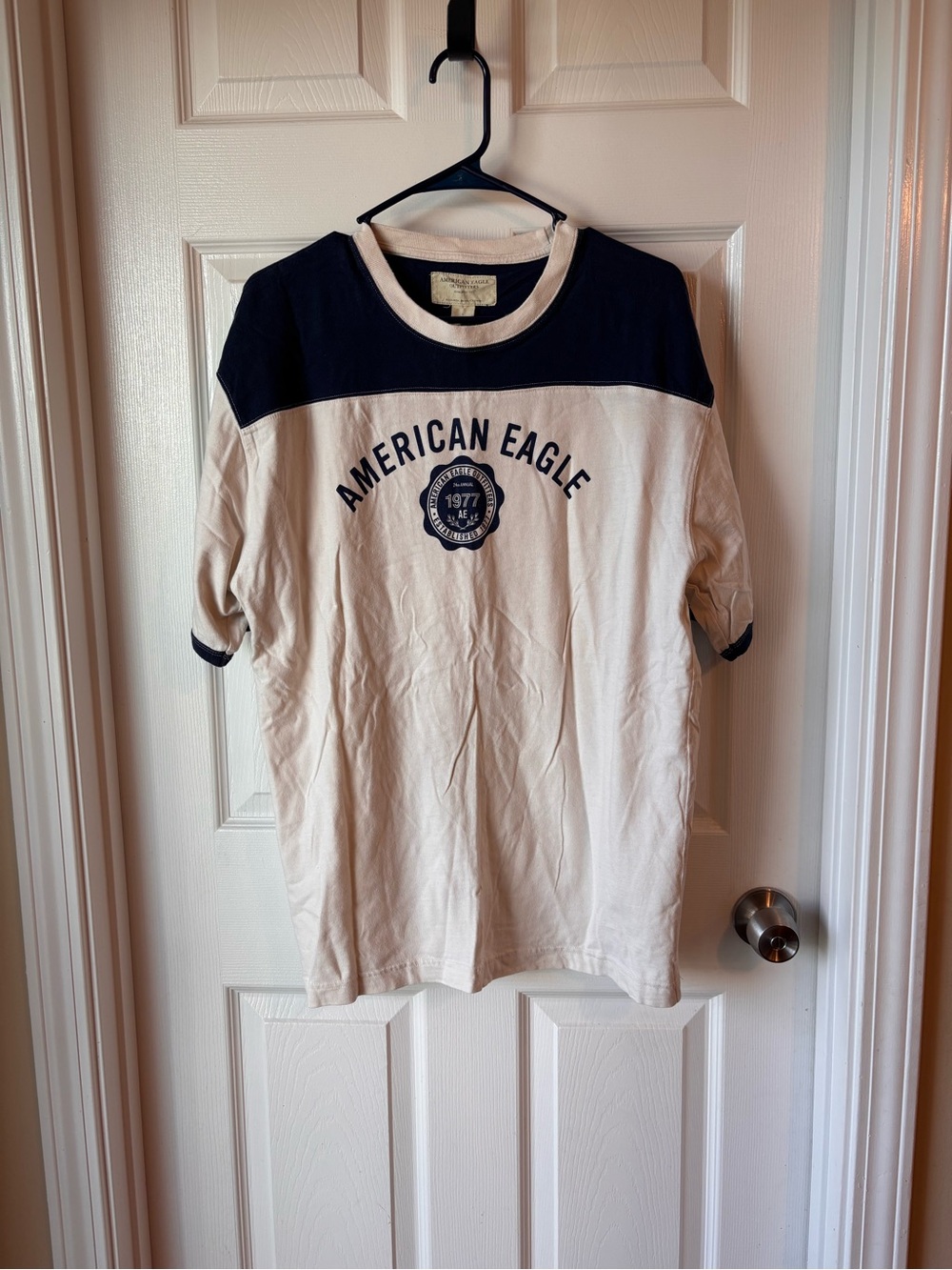 Vintage Y2K American Eagle Outfitters Men's Two-Tone Cream and Navy Graphic Tee